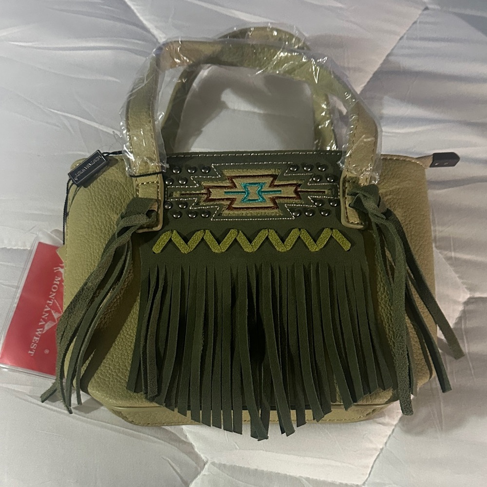 Montana West Olive and Tan Fringe Shoulder Bag